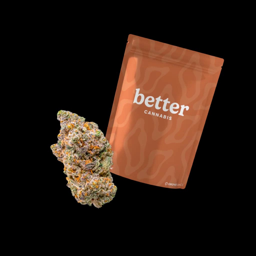 Cannabis flower beside a Better Cannabis branded pouch